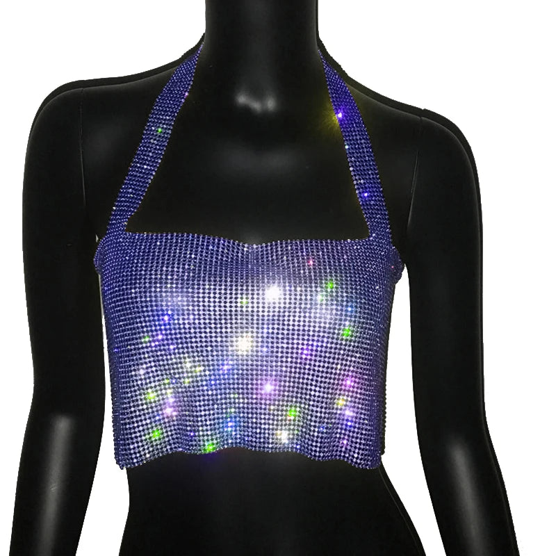 Crystal Rhinestone Metal Chain Halter Crop Top - Backless Tank