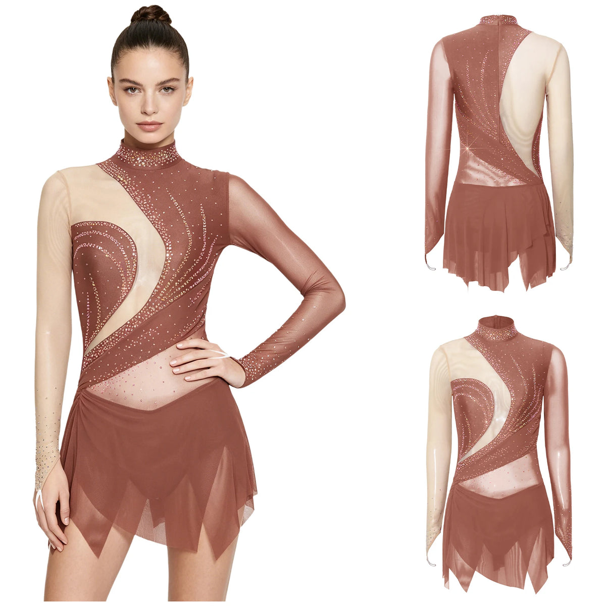 Rhinestone Sheer Mesh Long Sleeve Figure Skating Dress | Open Back | Color Block | Lyrical