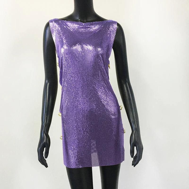 Metallic Sequin Mini Dress - Backless Sheer Party Dress