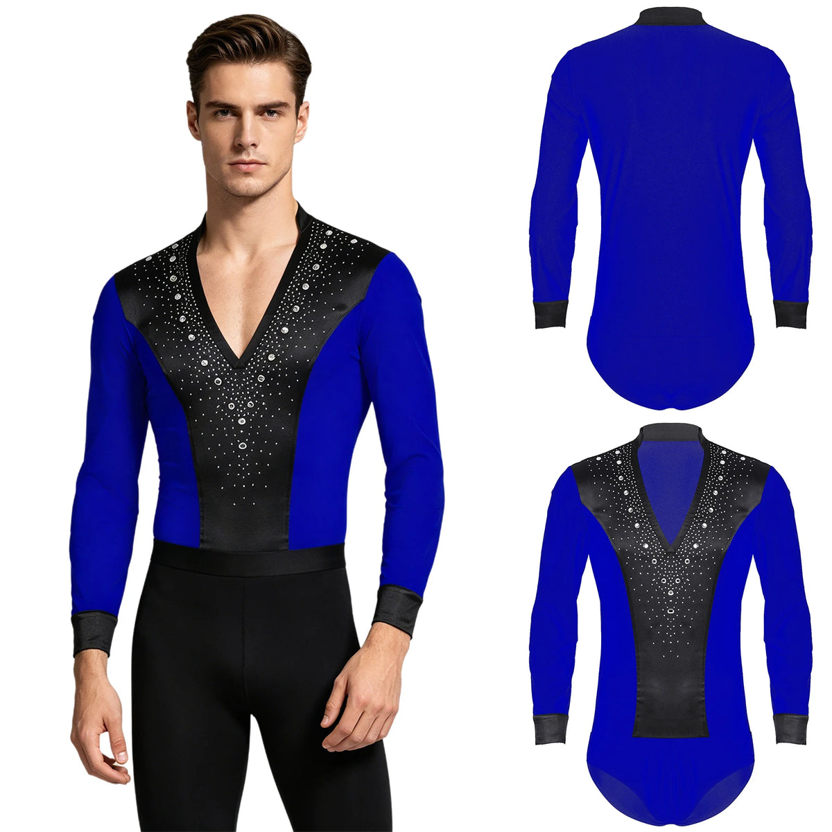 Men's Rhinestone Dance Leotard | V-Neck & Satin Collar | Long Sleeve