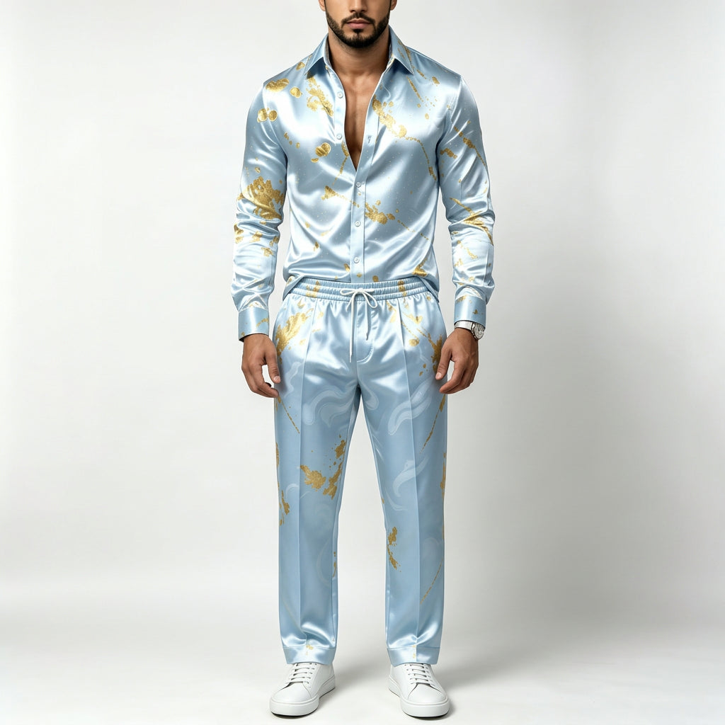 Men's Satin Shirt & Pants Set | Metallic Gold Print | Stage & Party
