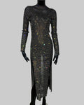 Crystal Rhinestone Bodycon Dress - Long Sleeve Sheer Maxi Dress