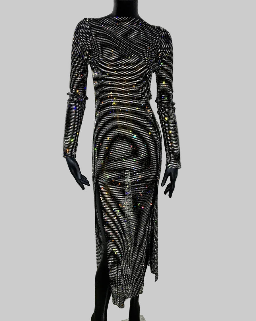 Crystal Rhinestone Bodycon Dress - Long Sleeve Sheer Maxi Dress