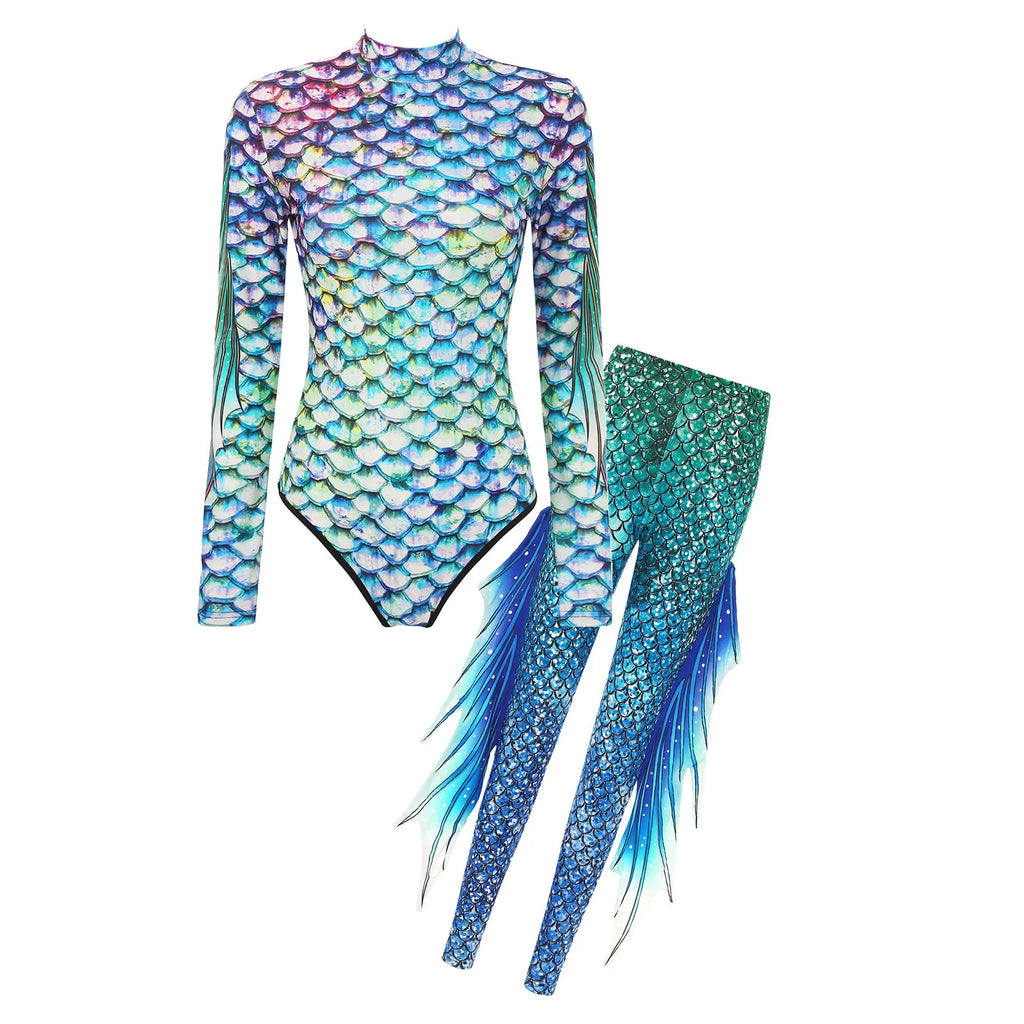 Mermaid Fish Scale Bodysuit & Fringe Leggings Set