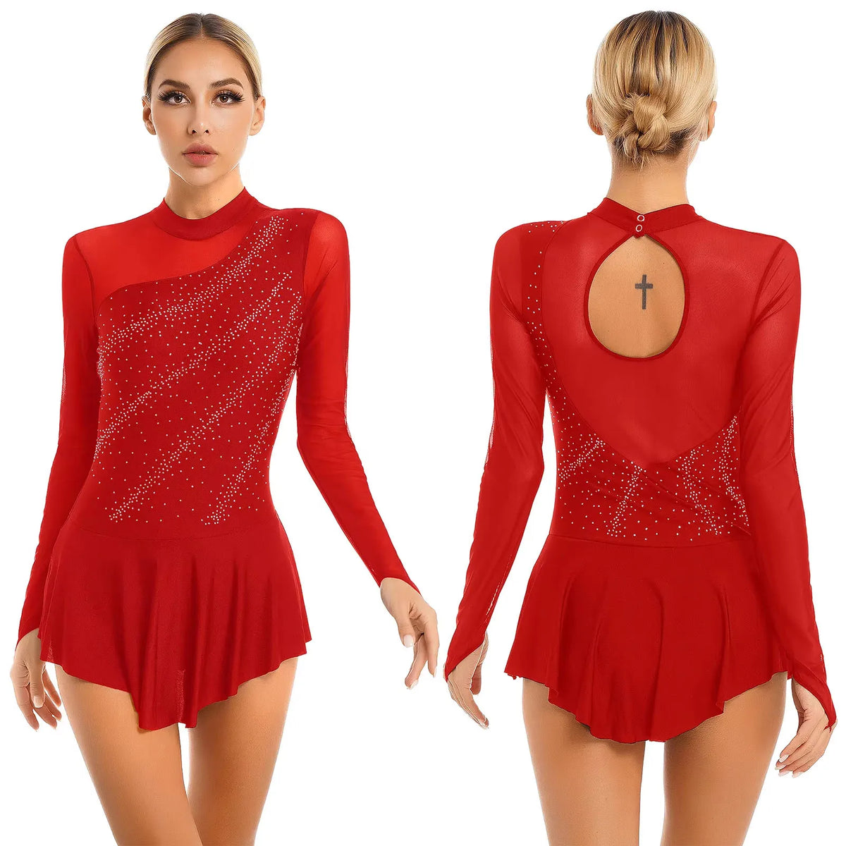 Rhinestone Mesh Skating Dress | Long Sleeve | Backless