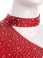 Rhinestone Asymmetric Dance Crop Top | One Mesh Sleeve | Latin Salsa Samba