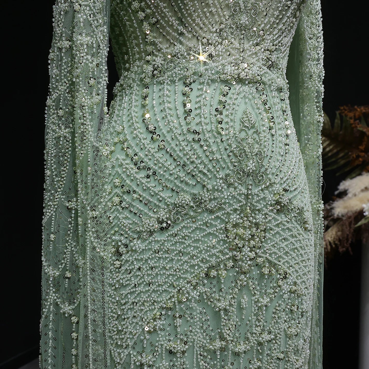 Beaded Crystal Gown | High Neck Cape Sleeve | Blue & Green