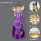 Purple Rhinestone Latin Dance Dress with Fringe & Tassel Details