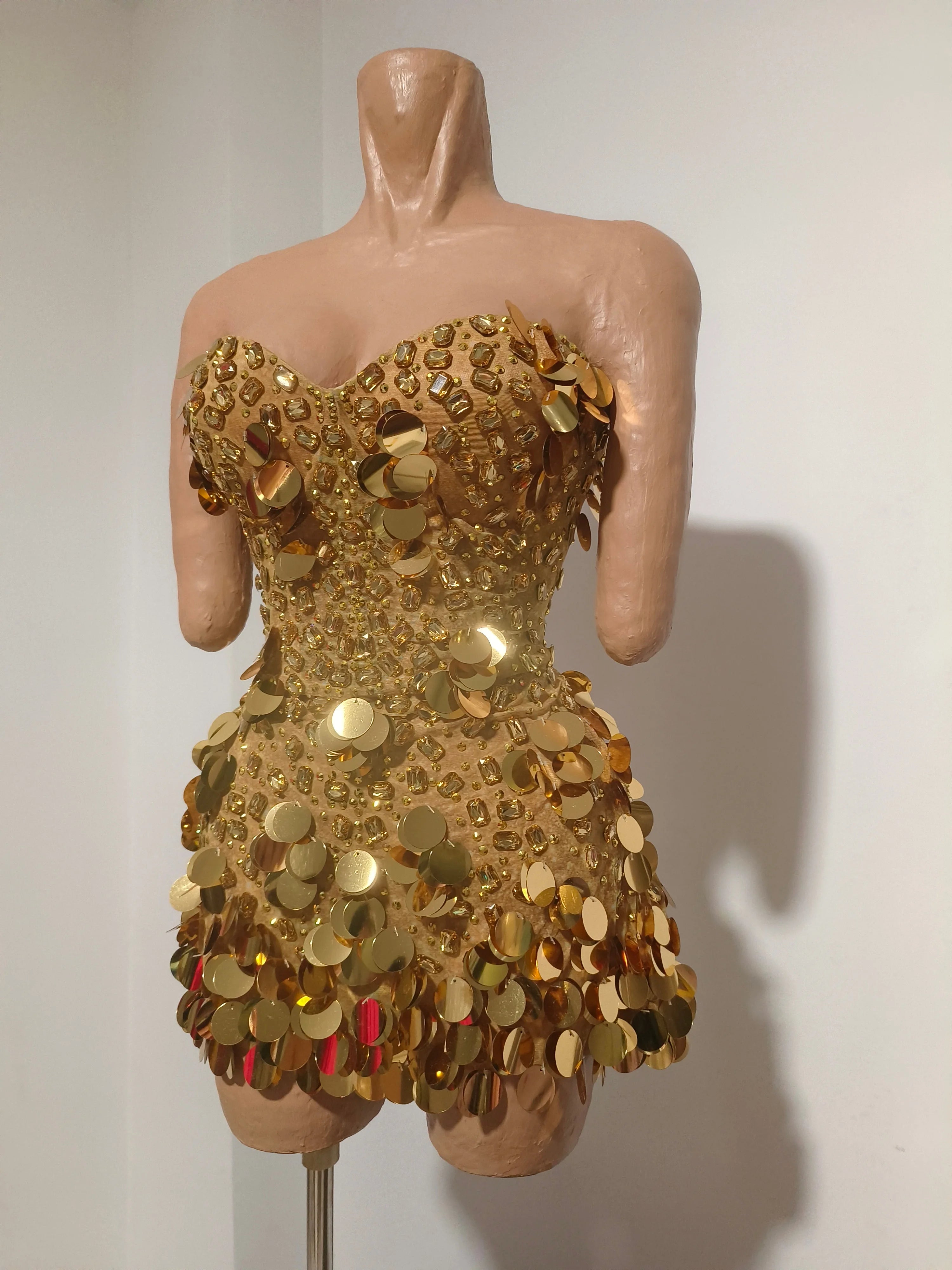 Coin Sequin & Rhinestone Mini Dress | Strapless | Gold & Silver