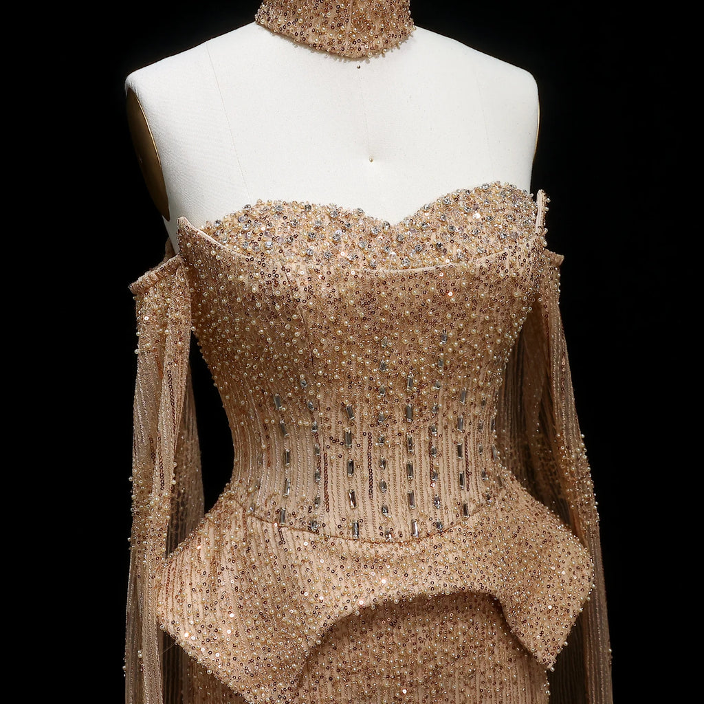 Crystal Beaded Long Sleeve Pageant Gown | Sweetheart | Silver, Gold & Lilac