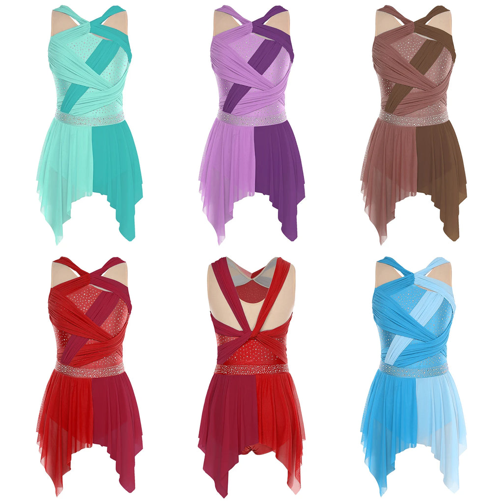 Color-Block Lyrical Dance Dress | Twisted Knot | Irregular Hem | Rhinestone