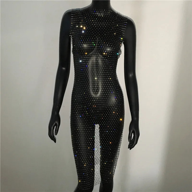 Rhinestone Fishnet Mini Dress - Sheer Cover Up