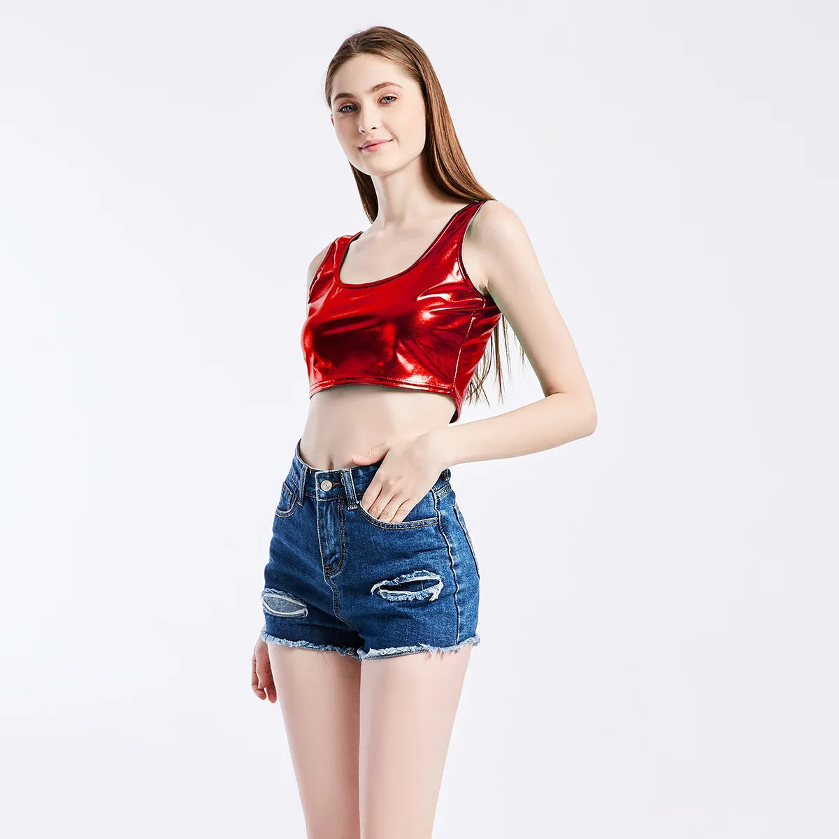 Holographic Metallic Crop Tank | Shiny Performance Top