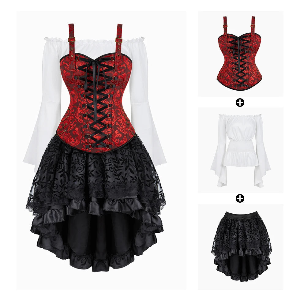 Steampunk Corset Dress | 3-Piece Set | 9 Colors | S-XXXL