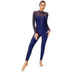 Women's Rhinestone Sheer Mesh Dance Jumpsuit | Mock Neck & Keyhole Back | Figure Skating & Performance