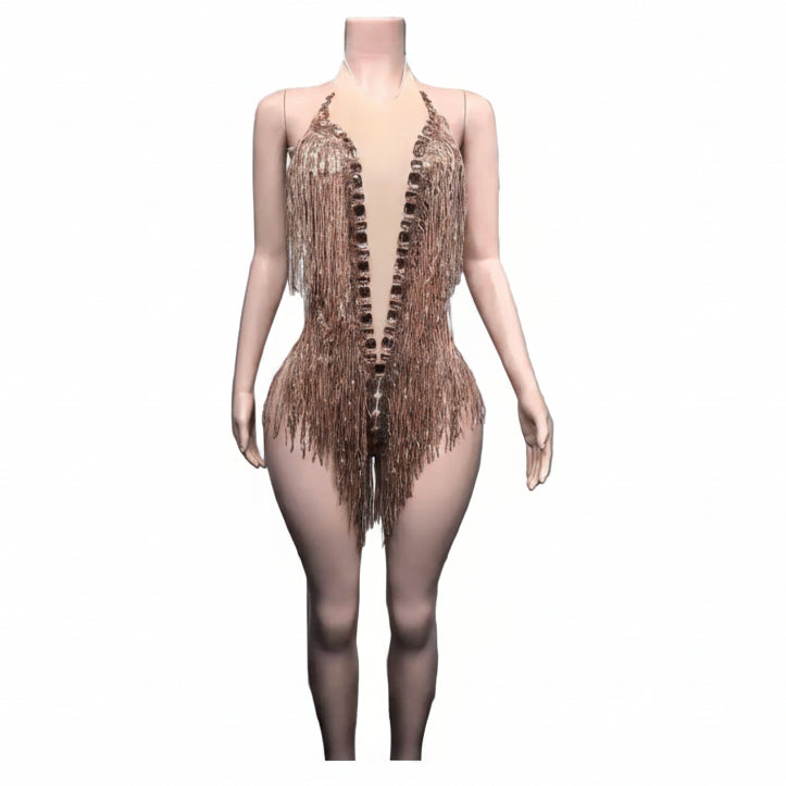 Rhinestone Sequin Feather Tassel Leotard | Stage & Dance