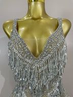 Luxury Rhinestone Sequin Tassel Bodysuit | Silver & Red | S–XL
