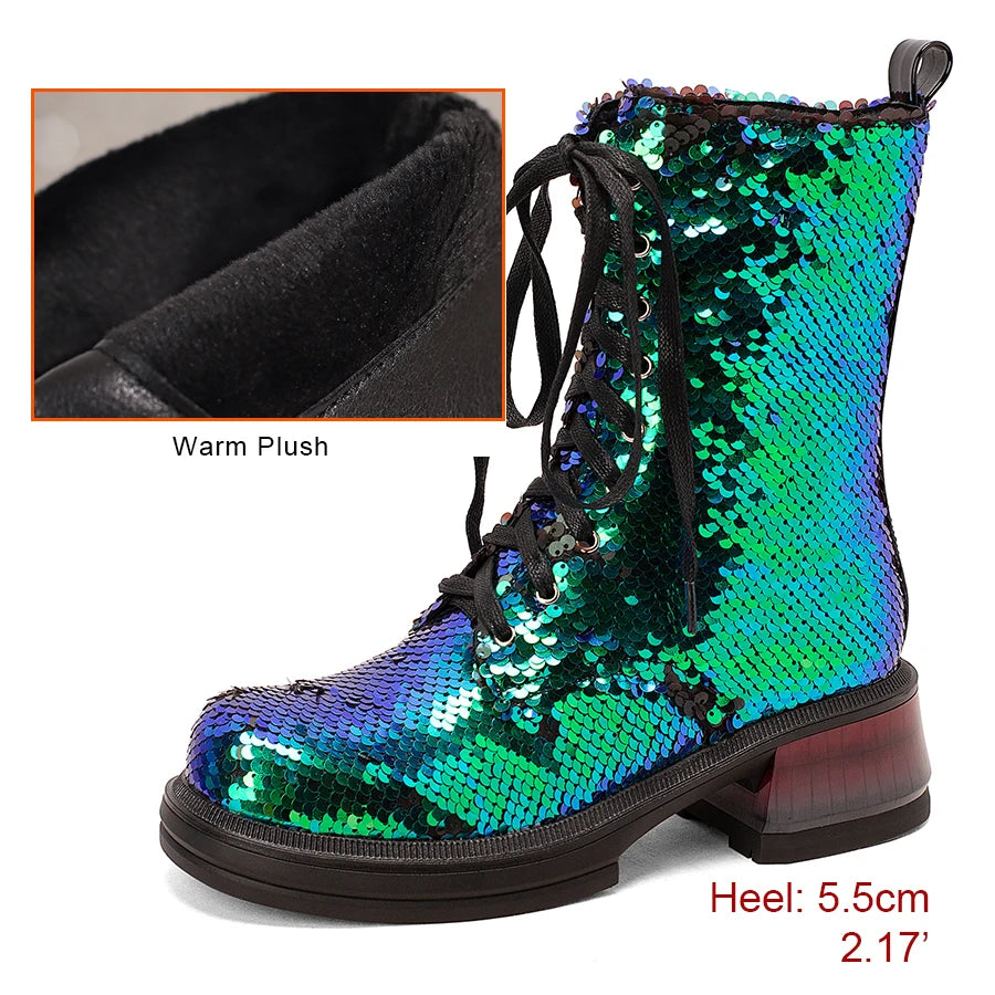 Sequin Ankle Boots | Lace-Up | 5.5cm Heel
