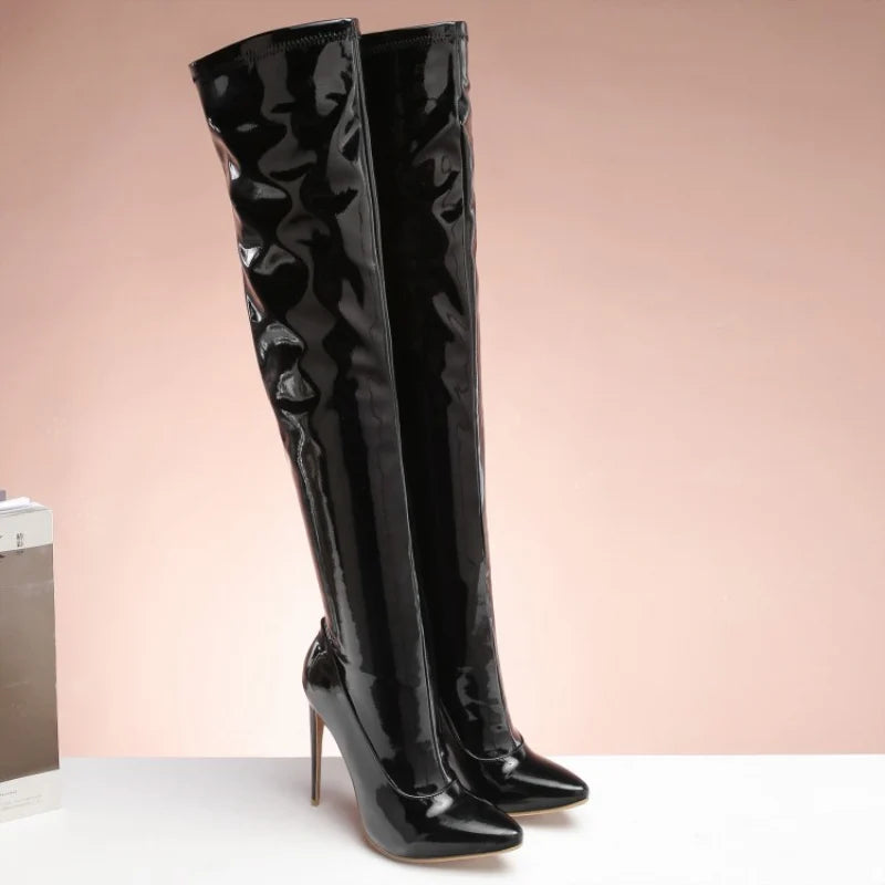 Patent Finish Over-the-Knee Boots | Side Zip | 12cm Heel