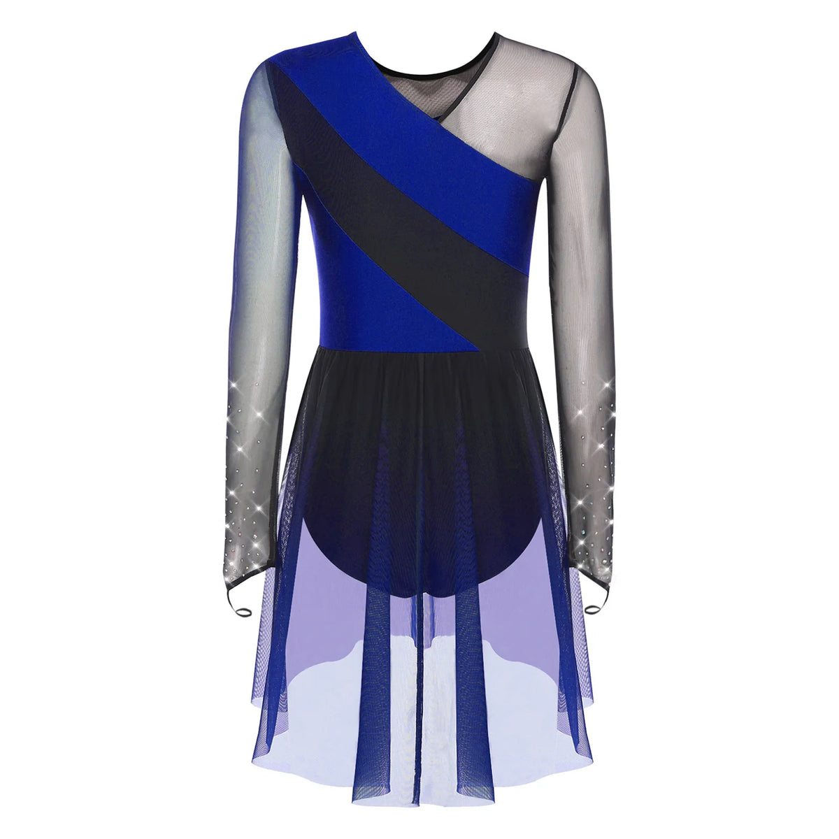 Rhinestone Sequin Leotard Dress | Mesh Long Sleeve | Gradient Skirt | Figure Skating