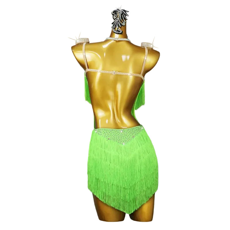 Green Rhinestone Latin Dance Dress with Fringe & Tassel Details