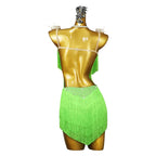 Green Rhinestone Latin Dance Dress with Fringe & Tassel Details