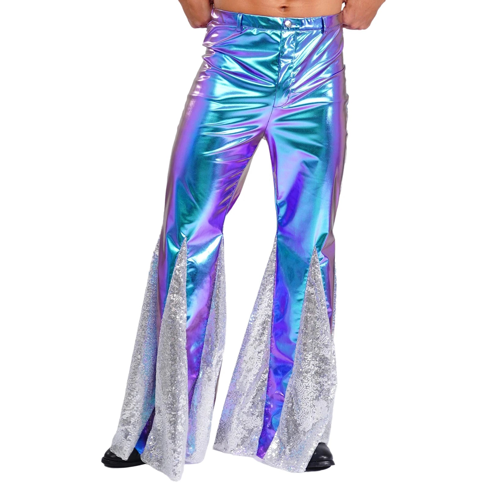 Men's Metallic Bell Bottom Pants | Holographic Flare | 70s Disco