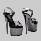 17CM Clear TPU Platform Sandals - Metallic Gun Color High Heel Pole Dance Shoes
