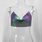 Metallic Glitter Halter Crop Top - Backless Corset Tank