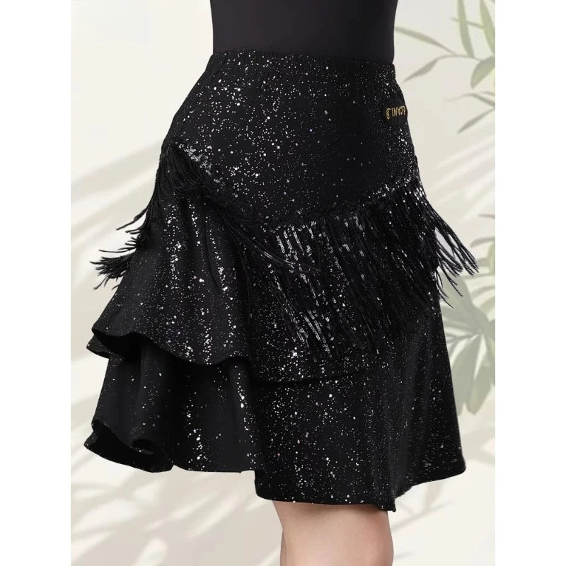 Tiered Ruffle Latin Dance Skirt | Metallic Shimmer | Practice & Performance | Black