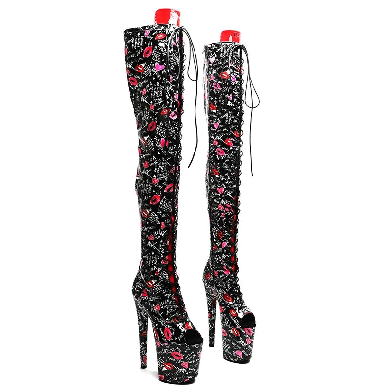 8-Inch Lip Print Thigh-High Boots - Open Toe Platform Boots