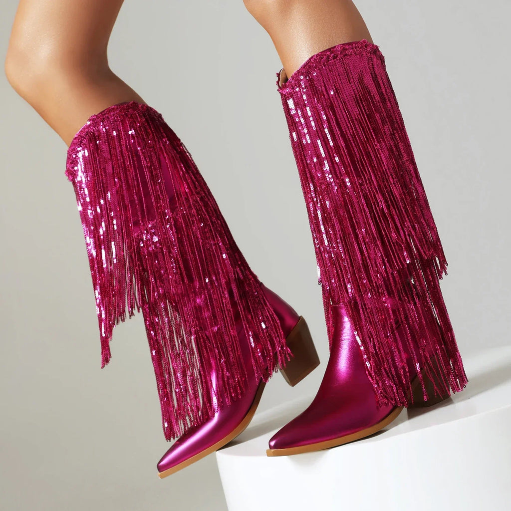Knee-High Western Boots | Metallic Fringe