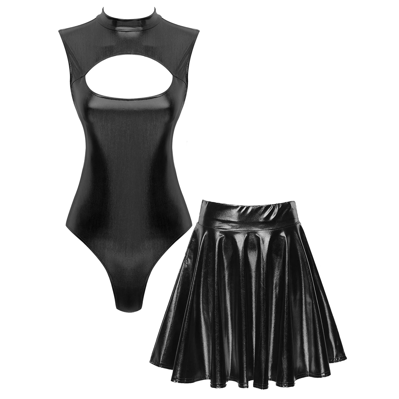 Holographic 2-Piece Set | Cutout Bodysuit + Pleated Skirt