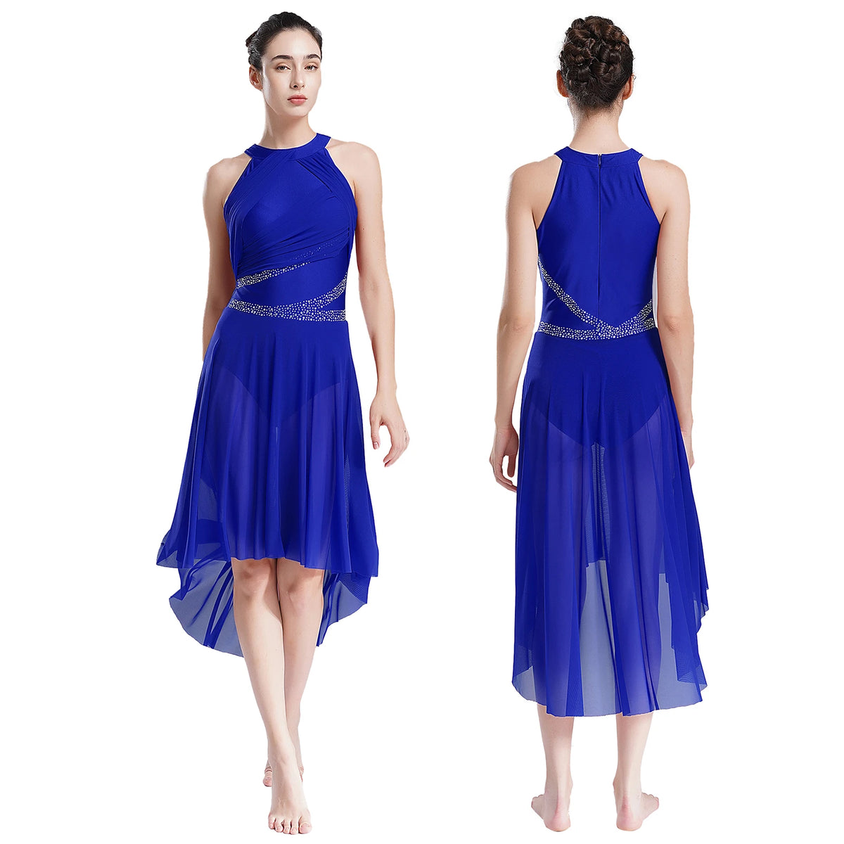 Women's Rhinestone Ruched Lyrical Dance Dress | Halter | Asymmetric Hem | 6 Colors | S–XXL