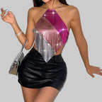 Metal Sequin Halter Crop Top - Backless Off-Shoulder Sling Tank