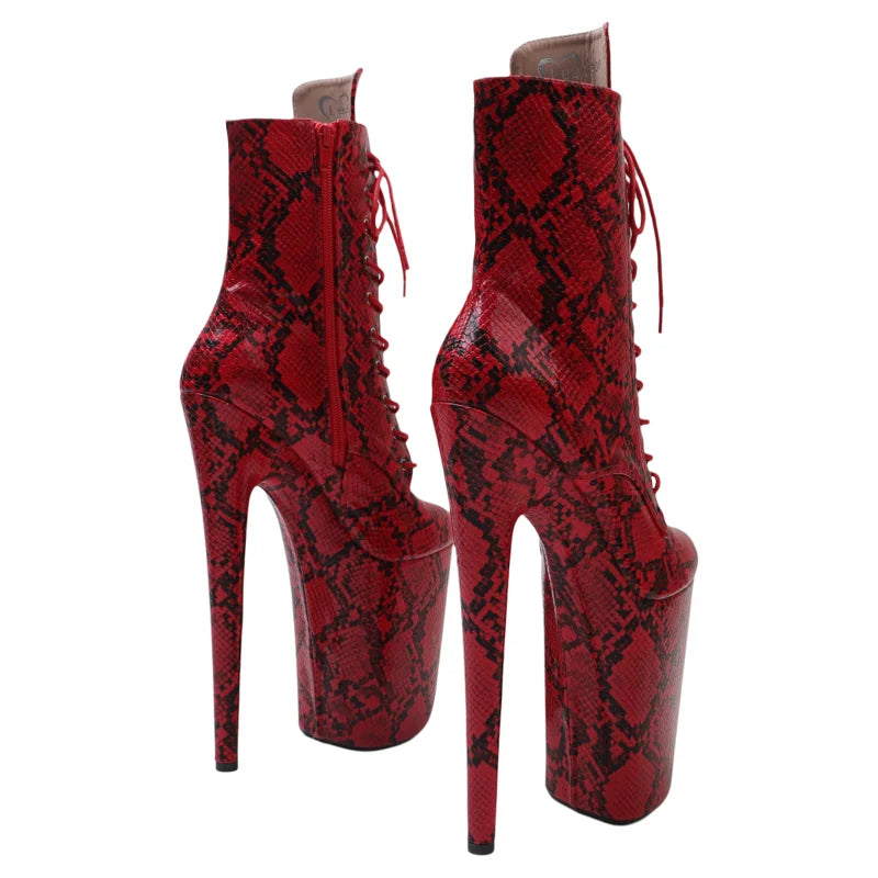 23cm Snakeskin Platform Pole Dance Ankle Boots - 9 Inch High Heels