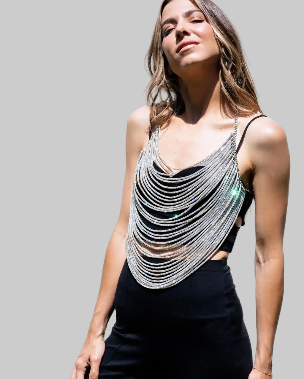Rhinestone Tassel Halter Crop Top - Backless Chain V-Neck Festival Top