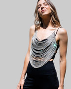 Rhinestone Tassel Halter Crop Top - Backless Chain V-Neck Festival Top