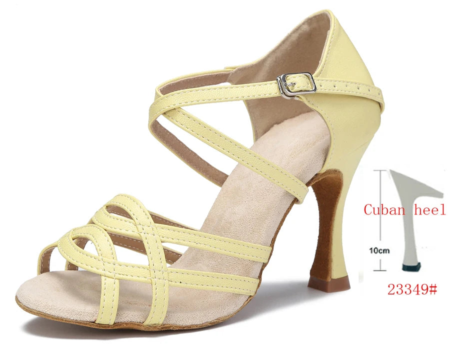 Cross-Strap Latin Dance Sandals | Cuban Heel | 6–10cm | Purple & Yellow