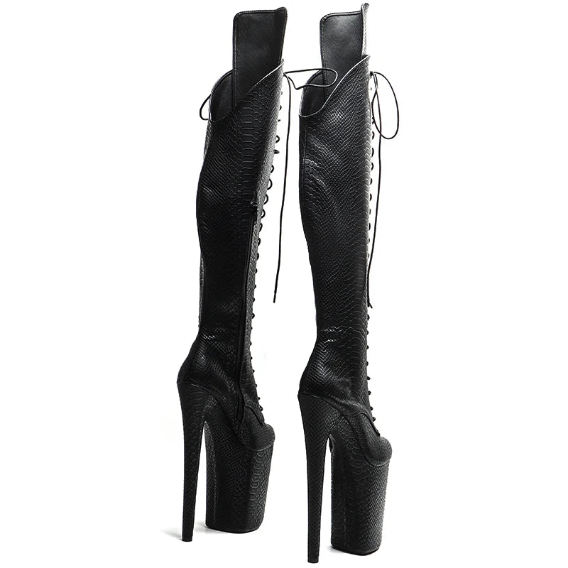 23CM Snakeskin Platform Pole Dance Knee-High Boots - 9 Inch High Heel Closed Toe Boots
