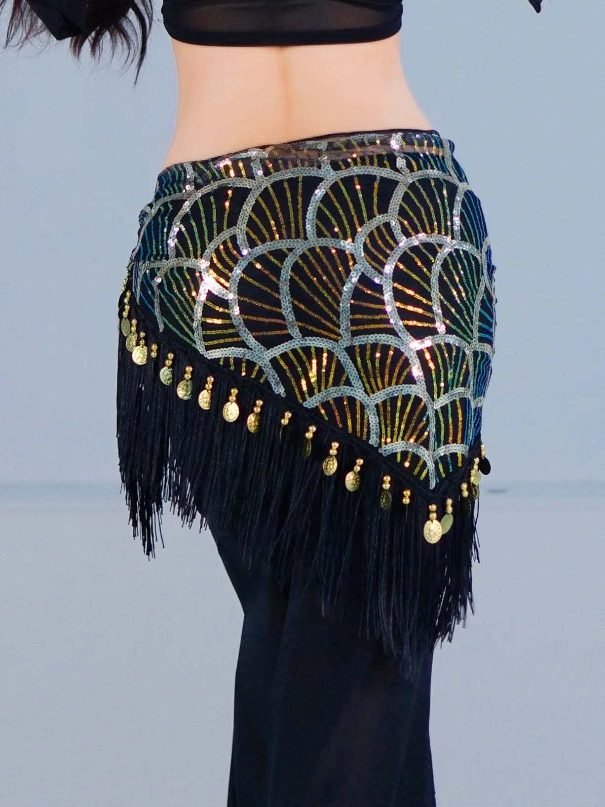Belly Dance Hip Scarf | Sequin Fringe | Gold Coins