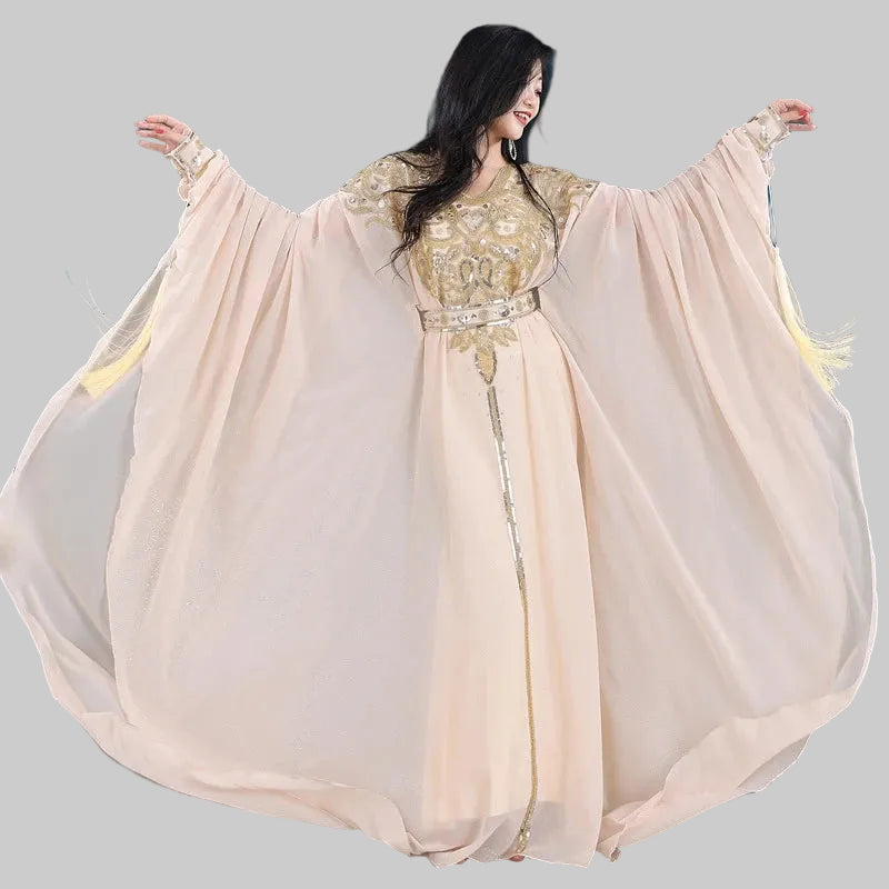 Khaleeji Thobe Belly Dance Costume - Embroidered Sequin Kaftan with Belt