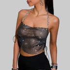 Rhinestone Halter Crop Top - Backless Sheer Hollow-Out Camisole