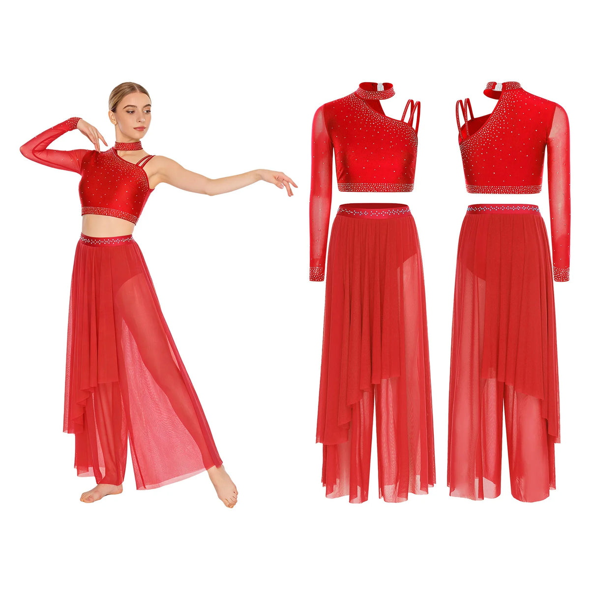 Rhinestone Crop Top & Sheer Pants Set | Lyrical Dance | Built-In Brief