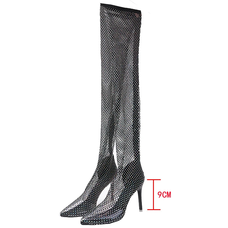 Rhinestone Fishnet OTK Boots | Stiletto | 6cm & 9cm Heel