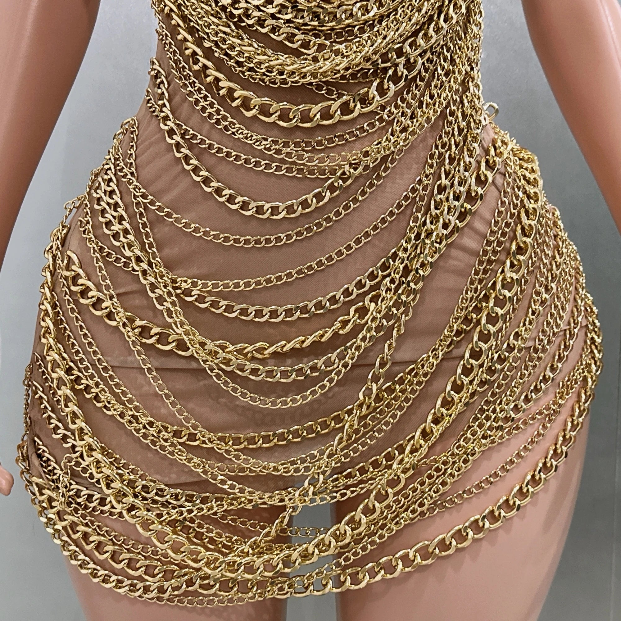 Gold Chain Sheer Mini Dress - Luxury See-Through Bodycon for Singers & Performers