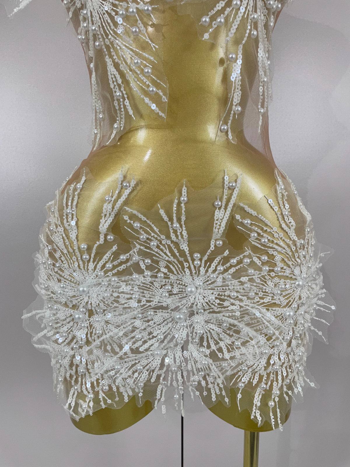 Pearl Starburst Mesh Mini Dress | 3D Appliqué | Stage & Performance
