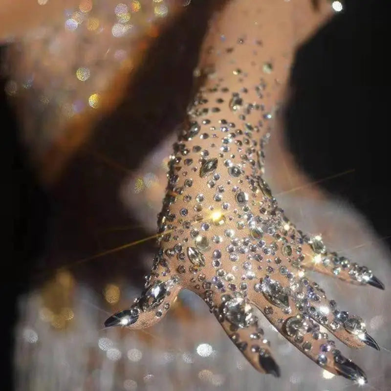 Rhinestone Opera Gloves | Sheer Mesh