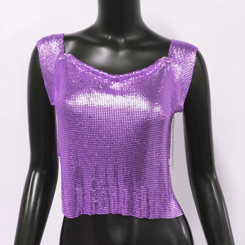 Sequin Backless Crop Top - Diamond Metal Party Tank
