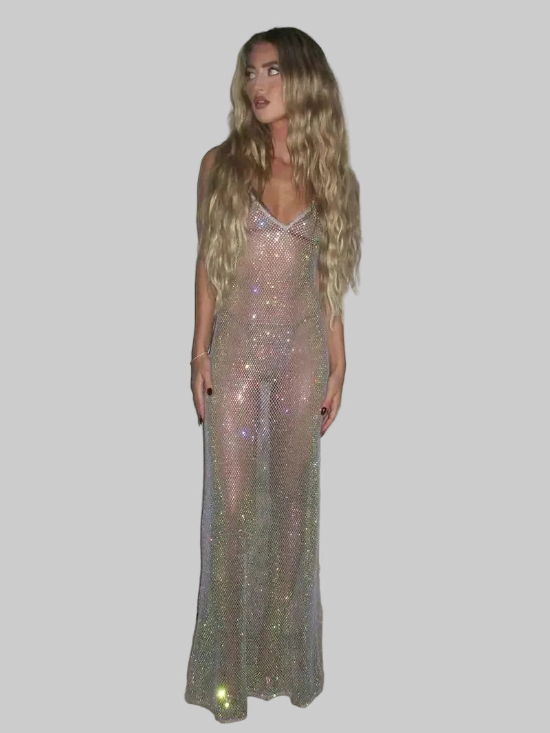 Rhinestone Fishnet Maxi Dress - Sheer Glitter Evening Gown